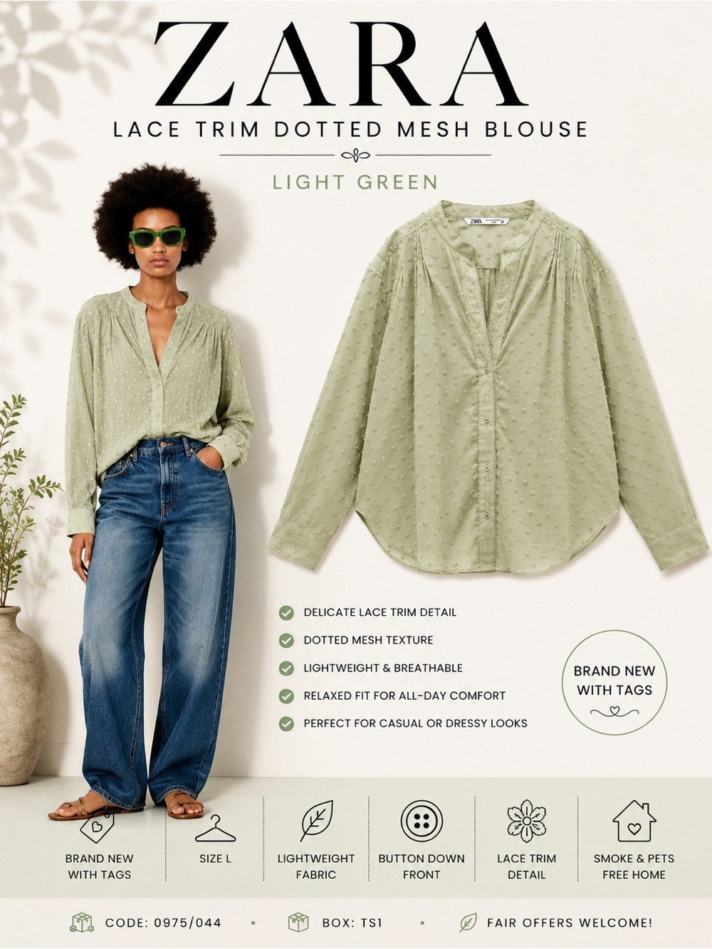Zara Light Green Lace Trim Dotted Mesh Blouse Size L NWT Button Down Shirt